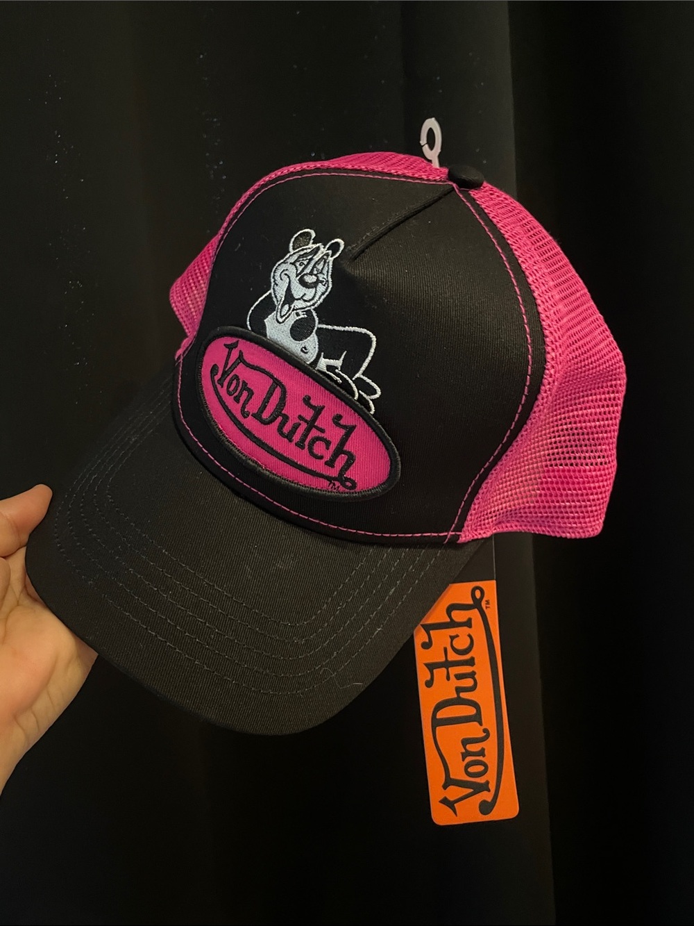 Von Dutch Black & Hot Pink Trucker Hat with Mascot Bulldog Logo Patch